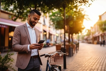 Latin business man holding smartphone using bike rental