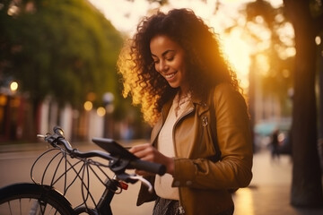 Latin business woman holding smartphone using bike rental - Powered by Adobe