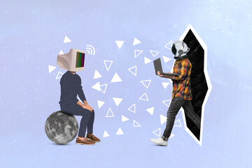 Creative composite collage two headless personages use laptop cosmonaut helmet new opportunities...