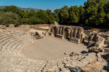 Theater and amphitheater in the archaeological ruins of Butrint or Butrinto National Park in Albania