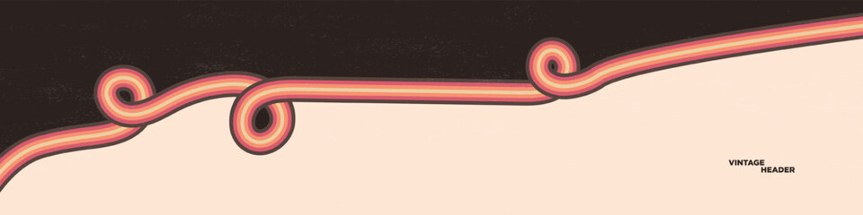 Long panoramic vintage header. Horizontal 1970's inspired background. Two-colored. Retro linear element with swirls and curls. Vector Illustration.
