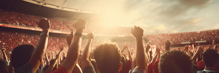 Crowd of sports fans cheering during a match in a stadium - people excited cheering for their...