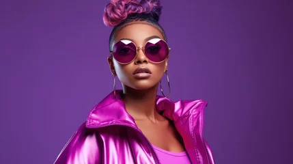 Tuinposter Fashion young african girl black woman wear stylish pink glasses clothes looking at camera isolated on party purple studio background © wolfhound911