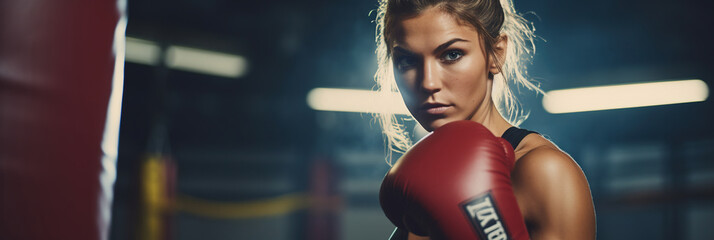 Female boxer punching focus pads in a boxing ring