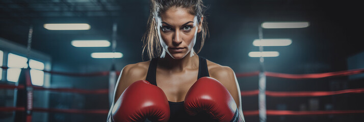 Female boxer punching focus pads in a boxing ring