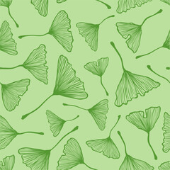 Vector vintage seamless pattern with ginkgo biloba leaf. Vector retro floral pattern with green ginkgo biloba leaves