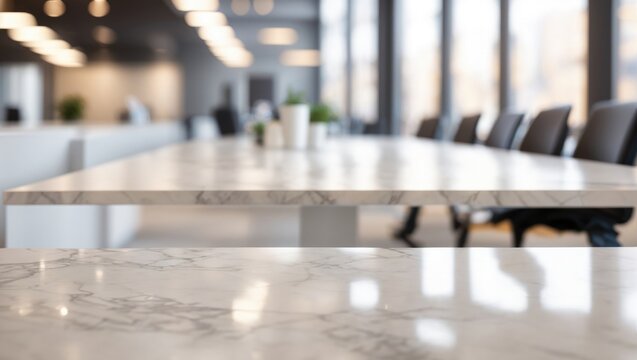 "Versatile Marble Workspace: Create a product-friendly image with a white marble tabletop against blurred office background."