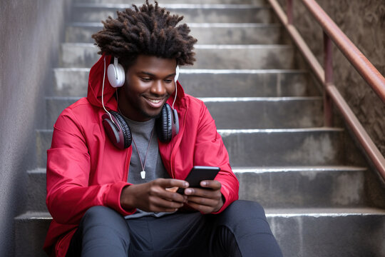 Fit sporty young black man sitting on concrete urban stairs holding phone using mobile apps listening music. Strong African ethnic guy wearing headphones looking at smartphone outdoors. Top view