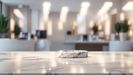 "Versatile Marble Workspace: Create a product-friendly image with a white marble tabletop against blurred office background."