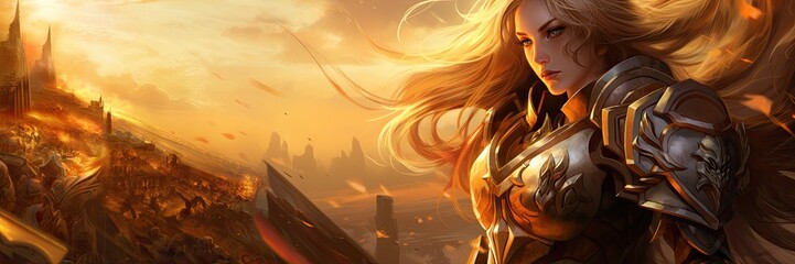 Woman Protector of the Realms Backdrop - Stunning Female Paladin Portrayed in Fantasy Artwork - Girl Courage and Grace Wallpaper -  Warrior Maiden Background created with Generative AI Technology - obrazy, fototapety, plakaty