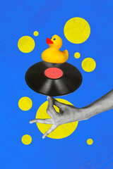 Picture collage poster of human arm hold vintage vinyl disc yellow swimming duck isolated on...