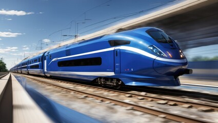"High-Speed Blue Train in Motion: Generate an image of a sleek blue train racing at high speed on the tracks, capturing its dynamic movement and power."
