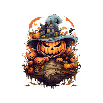 Halloween artwork with witches and pumpkins, girls' costumes for the season designed by Teddy, uHD image of a haunted house, weird core, cabin core, and vibrant muralist design.