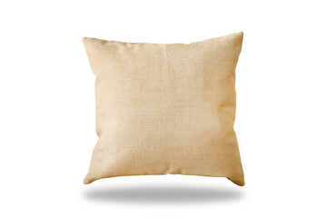 Brown linen pillow mockup isolated on white background. Soft cushion made from burlap material with clipping path. 3d rendering.