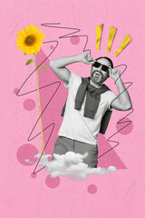 Magazine poster collage of happy cheerful guy wear sunglass enjoy sunny weather summer vacation...