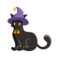 Black Halloween cat in a witch`s hat, vector sticker, drawing, decoration for Halloween holiday designs.