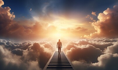 Photo of a man ascending a stairway towards the infinite sky
