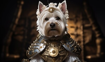 Photo of a small white dog dressed in armor