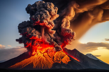 picturesque volcanic eruption, ash cloud rising from the volcano - obrazy, fototapety, plakaty
