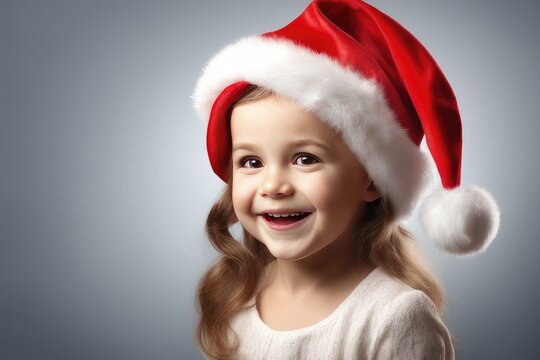 little girl in christmas santa hat on yellow background