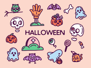 Halloween graphic elements - pumpkins, ghosts, , owl, cat, candy and others. Hand drawn set. Vector illustration.