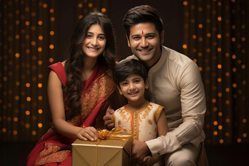 Indian happy young family together holding gifts on some festival evening at home