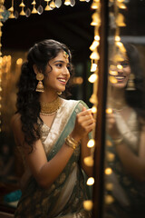 Pretty Young Indian woman wears gold jewelry, moody ambience