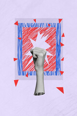 Vertical poster collage image of person human arm fist punch isolated on black white gamma drawing...