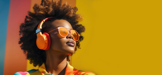 A stunning young African girl in headphones listens to music.