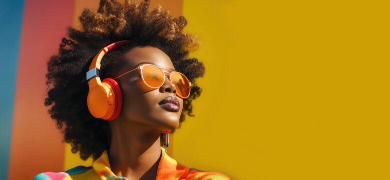 A stunning young African girl in headphones listens to music.