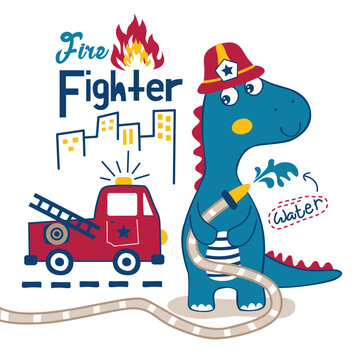 dinosaur the fire fighter funny animal cartoon,vector illustration