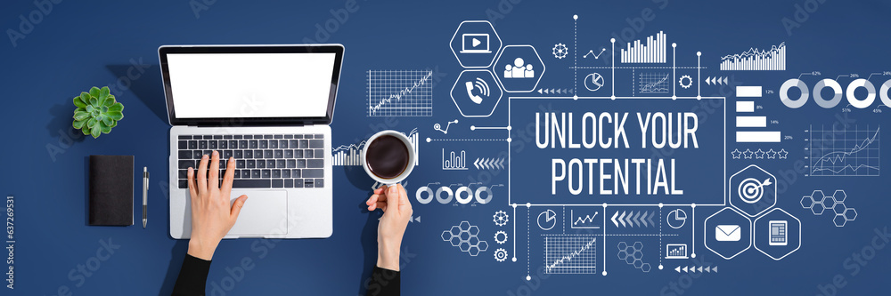 Wall mural unlock your potential theme with person using a laptop computer