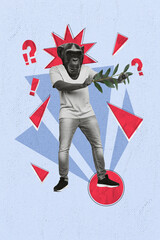 Picture image pop retro collage of unusual figurative creature with monkey face hold green plant isolated on drawing blue color background