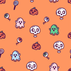 Halloween pattern - pumpkin, ghosts, eye, candy, scull. Hand drawn pattern. Vector illustration.