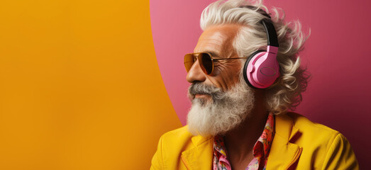 A senior hipster man with a gray beard in headphones listening to music.