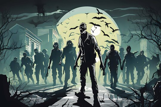 Halloween night in the city with zombies ai generative illustration