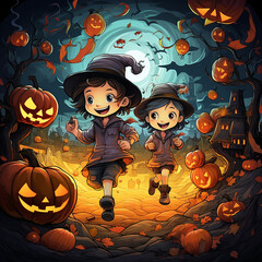 Fototapeta premium Kids illustration, Halloween, Pumpkins, Ghosts, Witches, cartoon style.
