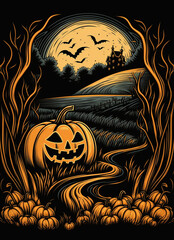 halloween spooky scene, pumpkin, t-shirt design graphic, cartoon style, black thick contour