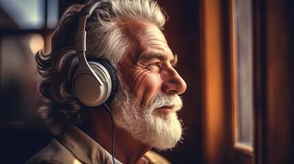 A senior man with a gray beard in headphones listening to music.