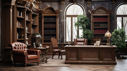 Fototapeta na wymiar Classic office interior wooden furniture and books