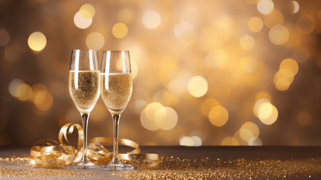 Beautiful New Year's background with champagne glasses and ribbons with a place for inscriptions or logos. generative ai
