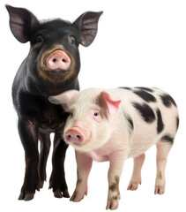 Black and spotted pink pig standing together isolated on a white background as transparent PNG, animals