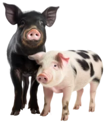 Fotobehang Black and spotted pink pig standing together isolated on a white background as transparent PNG, animals © Flowal93