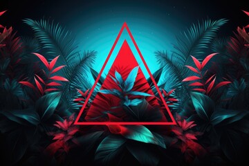neon triangle with tropical foliage background in cyan with red neon leaves, in the style of lo-fi aesthetics, contemporary graphic design aesthetics