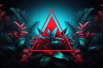 Fototapeten neon triangle with tropical foliage background in cyan with red neon leaves, in the style of lo-fi aesthetics, contemporary graphic design aesthetics © Mahenz