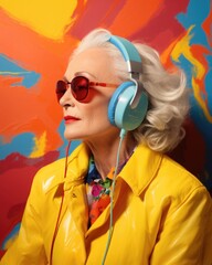 An elegant woman in her middle years enjoys her music through headphones.
