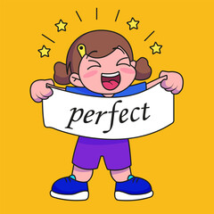 Cute girl happily holding a poster with the word 