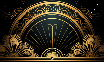 Abstract geometric shapes, arches, and swirls forming an elegant Art Deco pattern, Gold color scheme with intricate details, Evoking a vintage 1920s Gatsby vibe