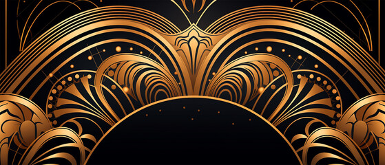 Abstract geometric shapes, arches, and swirls forming an elegant Art Deco pattern, Gold color scheme with intricate details, Evoking a vintage 1920s Gatsby vibe