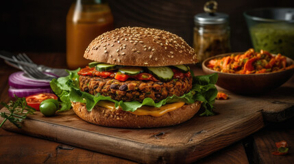 Vegan lentil burger with salad, mustard sauce, fresh and vegetables on a wooden board.